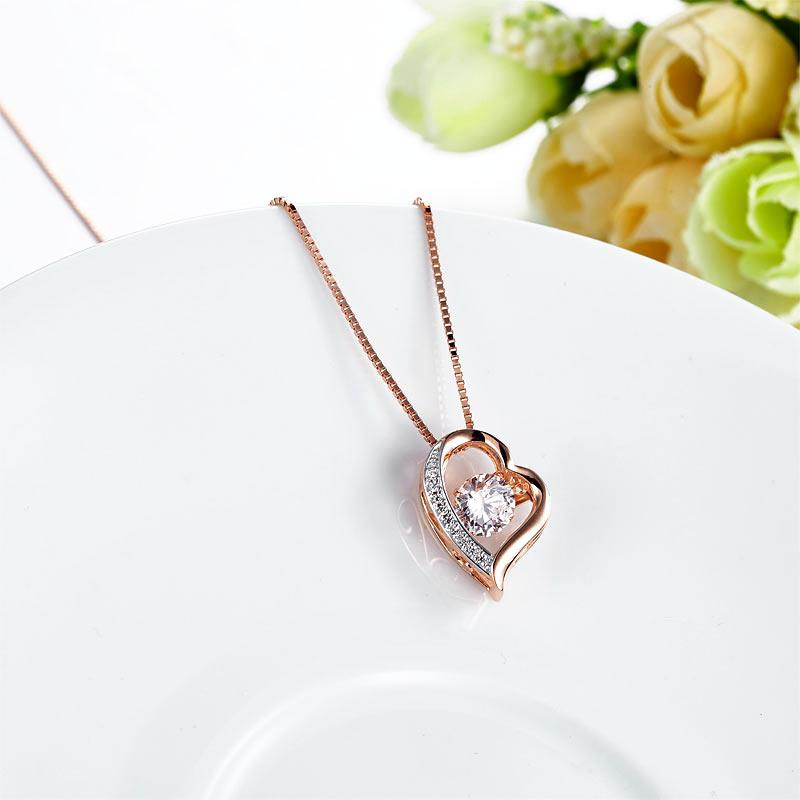 Dancing Stone Heart Pendant Necklace Solid 925 Sterling Silver Rose Gold Color  MXFN8107
