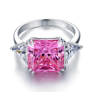 Solid 925 Sterling Silver Three-Stone Luxury Ring 8 Carat Fancy Pink Created Diamante MXFR8156