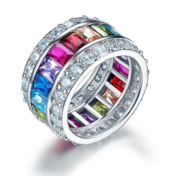 Multi-Color Created Topaz Band Wedding Anniversary 925 Sterling Silver Ring MXFR8241