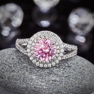 Double Halo 925 Sterling Silver Wedding Engagement Ring 1.25 Ct Fancy Pink Created Zirconia Promise Anniversary MXFR8252