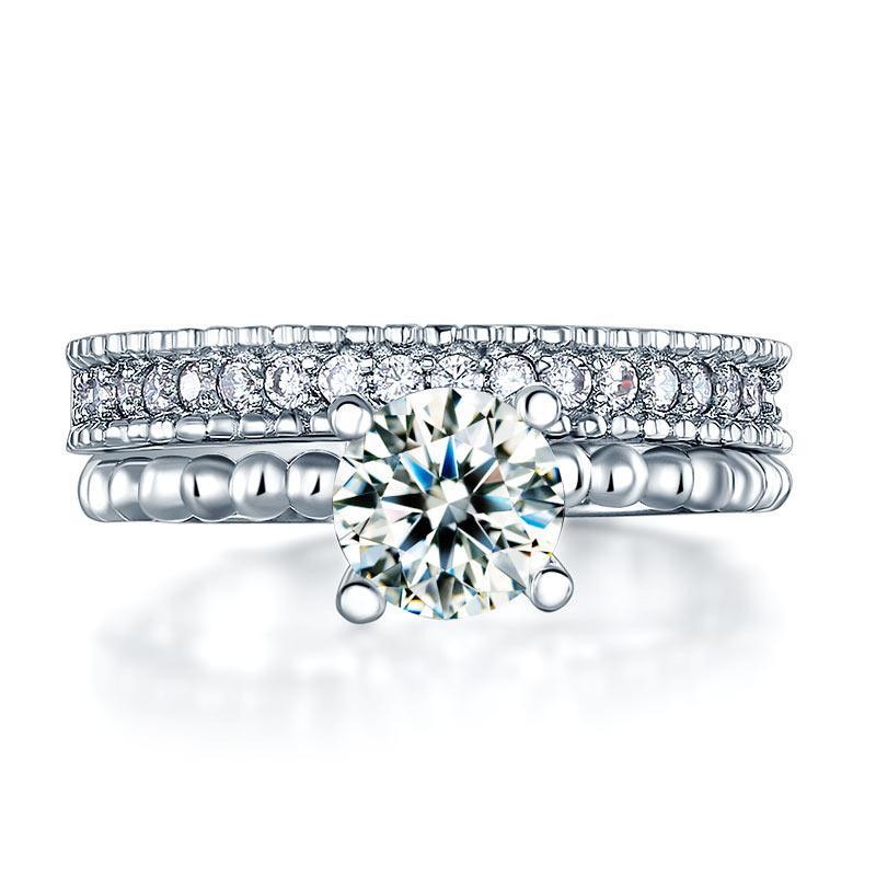 Solid 925 Sterling Silver 2-Pcs Wedding Engagement Ring Set 1 Ct Created Diamante Jewelry MXFR8276
