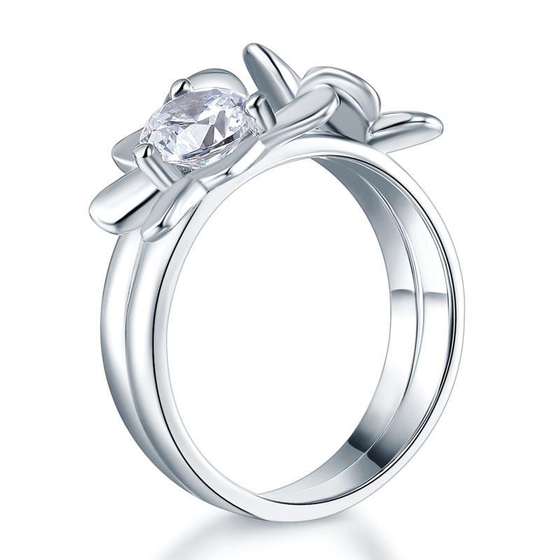 Solid 925 Sterling Silver 2-Pcs Butterfly Flower Ring Set MXFR8281
