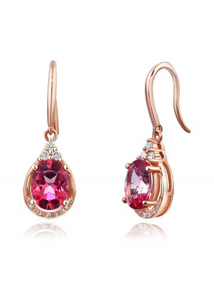 14K Rose Gold Dangle 1.6 Ct Natural Pink Topaz Earrings 0.185 Ct Diamond