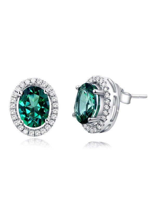 14K White Gold Stud Natural 1.6 Ct Oval Green Topaz Earrings 0.28 Ct Diamonds
