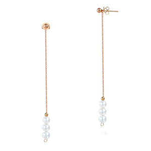 18K/750 Rose Gold Drop Dangle Long Line 3 Pearls Earrings
