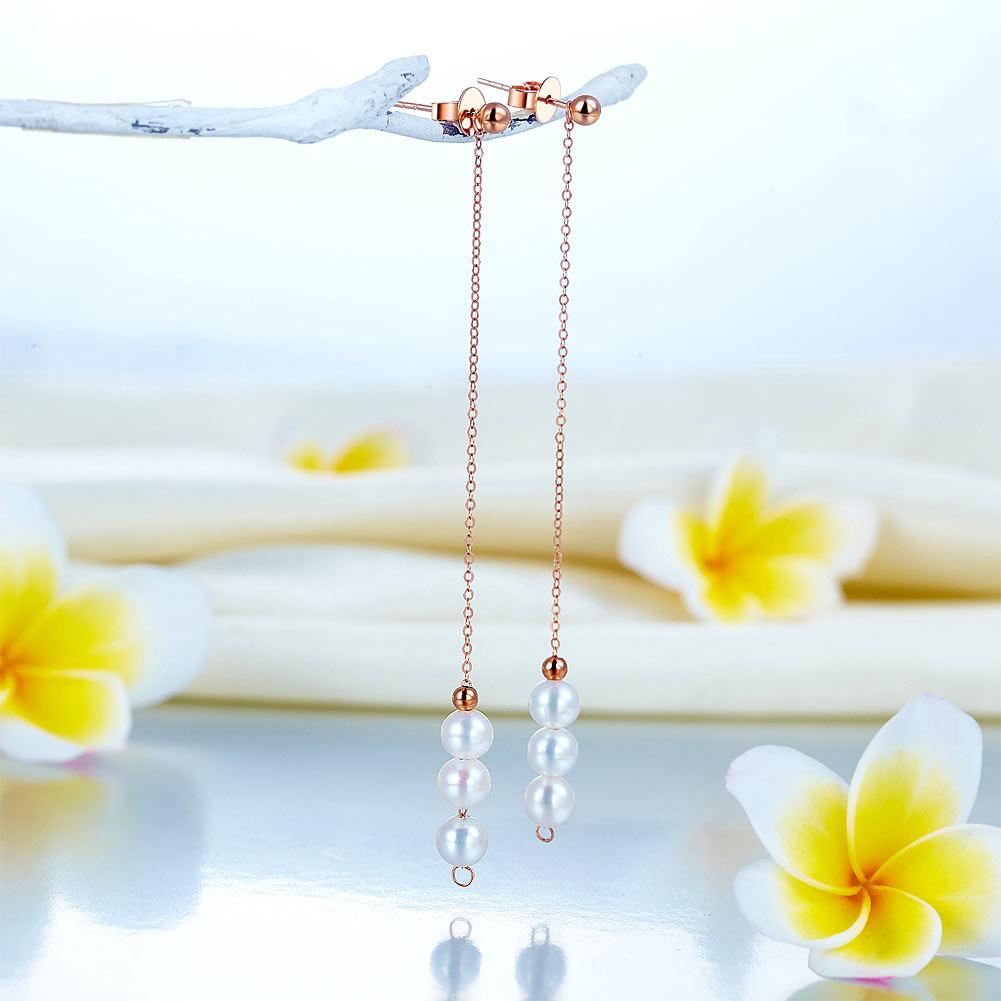 18K/750 Rose Gold Drop Dangle Long Line 3 Pearls Earrings