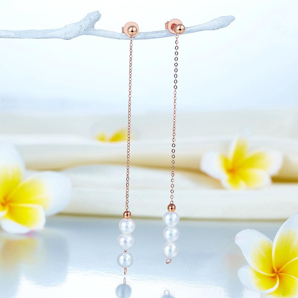 18K/750 Rose Gold Drop Dangle Long Line 3 Pearls Earrings