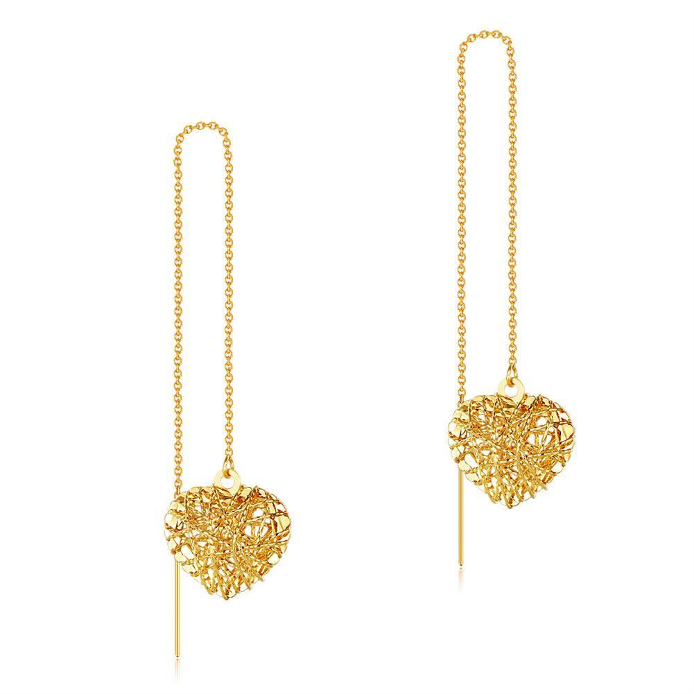 Solid 9K/375 Yellow Gold Long Line Heart Dangle Earrings