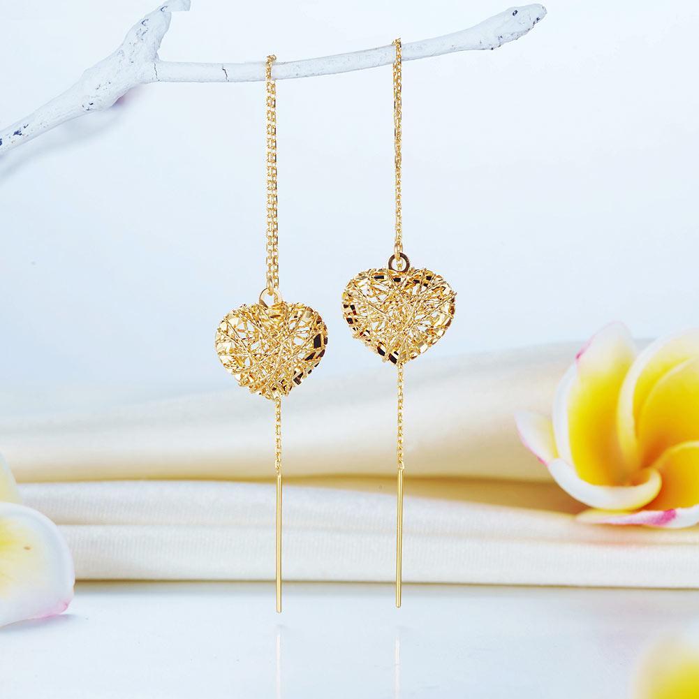 Solid 9K/375 Yellow Gold Long Line Heart Dangle Earrings