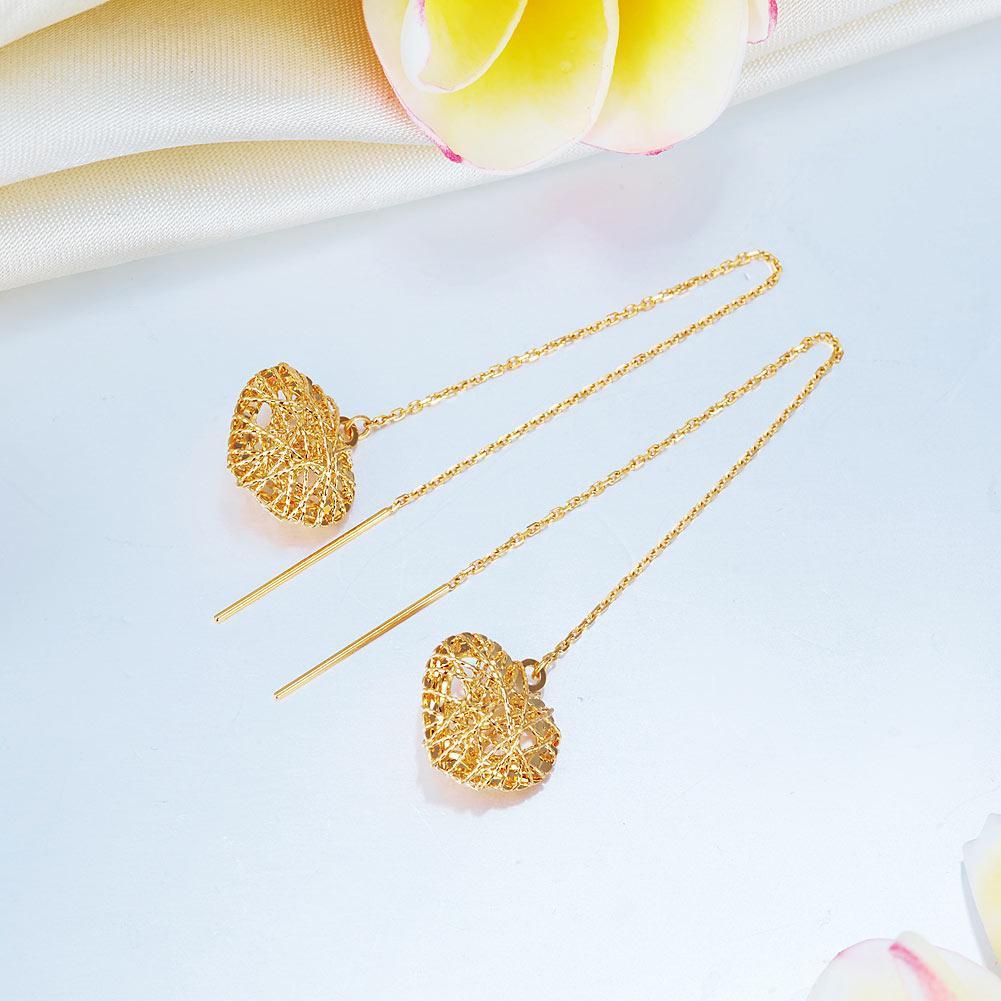 Solid 9K/375 Yellow Gold Long Line Heart Dangle Earrings