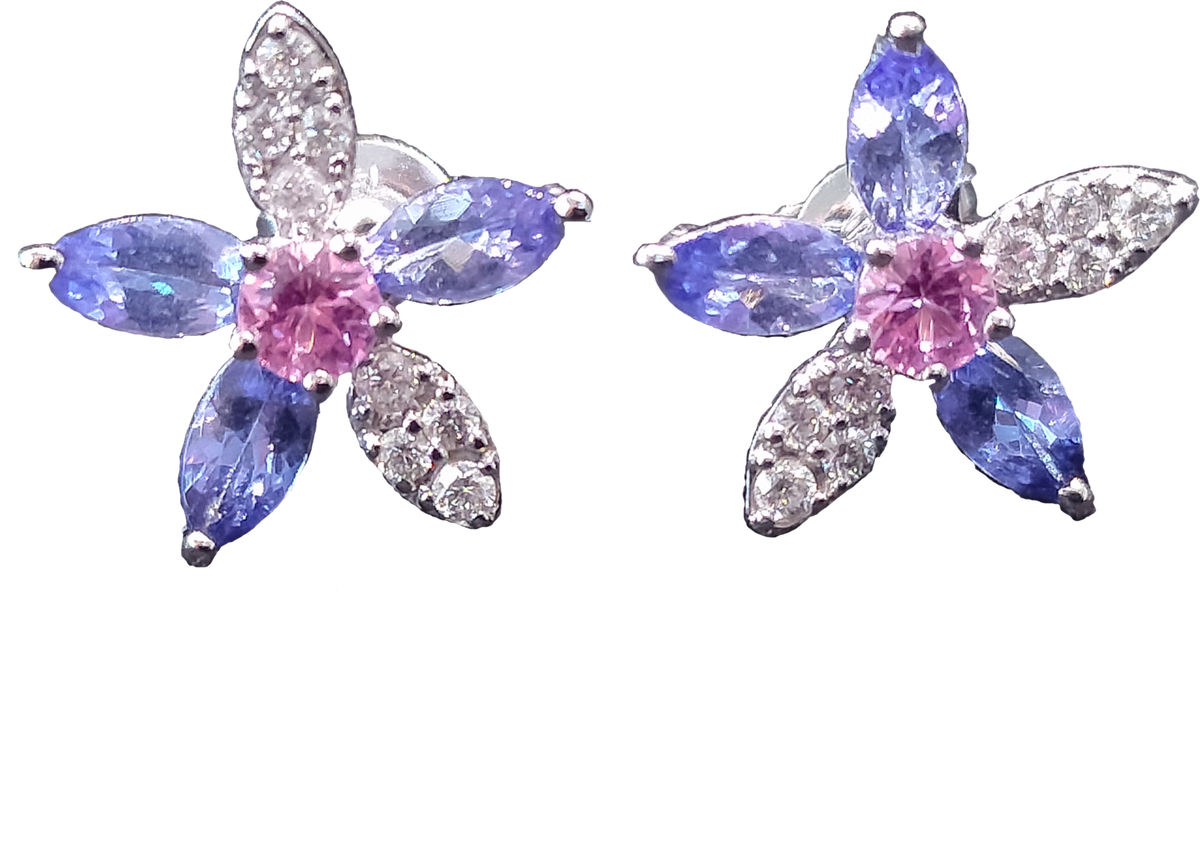 18K White Gold Pink Sapphire &amp; Tanzanite Diamond Earrings