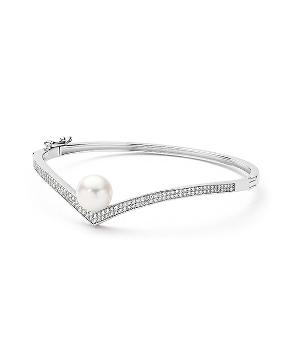 Sterling Silver Curve CZ Freshwater Pearl Bangle