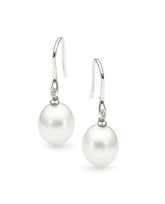 9ct Gold 9mm Drop Broome South Sea Diamond Earrings