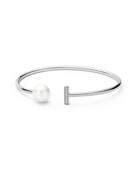 Sterling Silver Freshwater Pearl CZ Bar Bangle