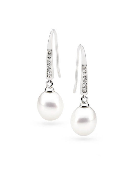 Sterling Silver CZ Drop 8-9mm Freshwater Pearl Earrings