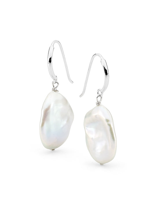 Sterling Silver White 14-16mm Keshi Freshwater Pearl Hook Earrings