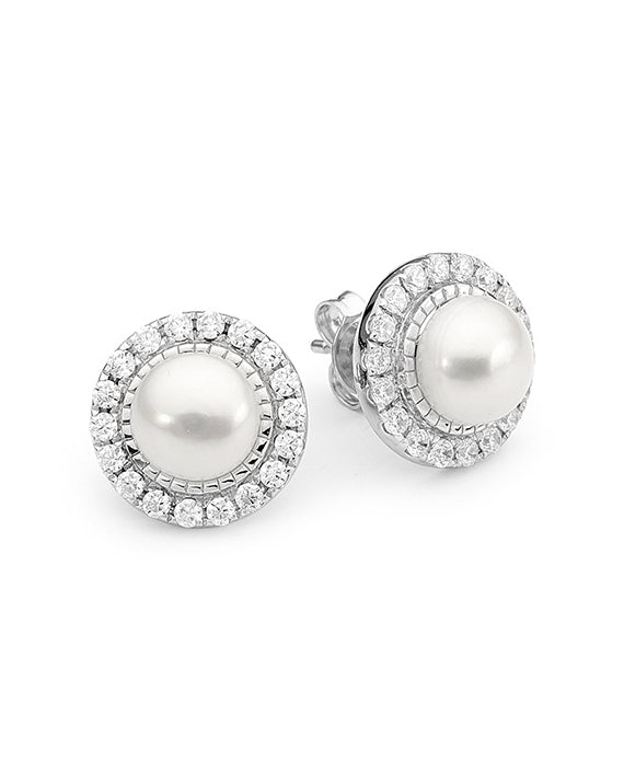 Freshwater Pearl Stud Earrings with Halo Claw Open Edge