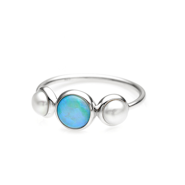STERLING SILVER WHITE SOLID OPAL 6MM &amp; 2X 4MM FRESHWATER PEARL RING OR003-SS