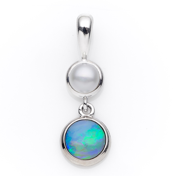 STERLING SILVER WHITE SOLID OPAL &amp; WHITE FRESHWATER PEARL PENDANT OP001-SS