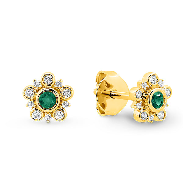 9K Yellow Gold Emerald Flower Design Bezel Set Earrings KES0227