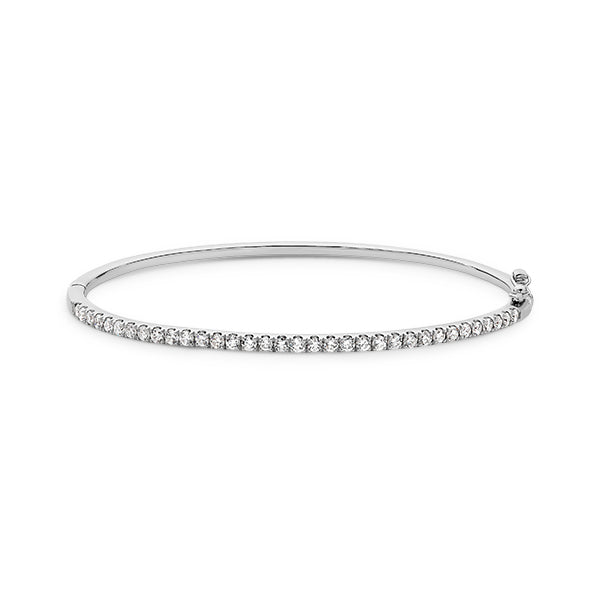 White Gold Square Profile Oval Shaped Claw Set Diamond Hinged Bangle
