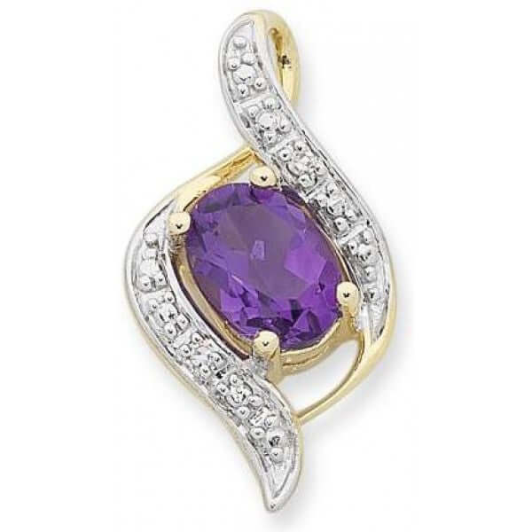 9K Yellow Gold Amethyst and Diamond Pendant