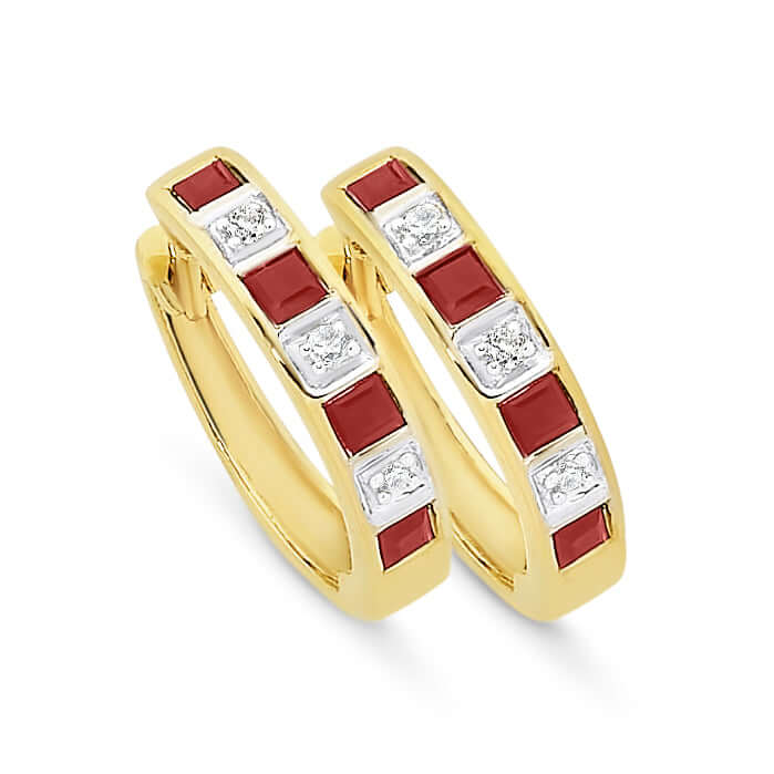 9K Yellow Gold Ruby and Diamond Channel Set Earrings