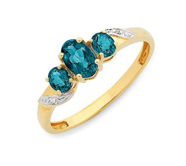 9K Yellow Gold London Blue Topaz Diamond Ladies Ring
