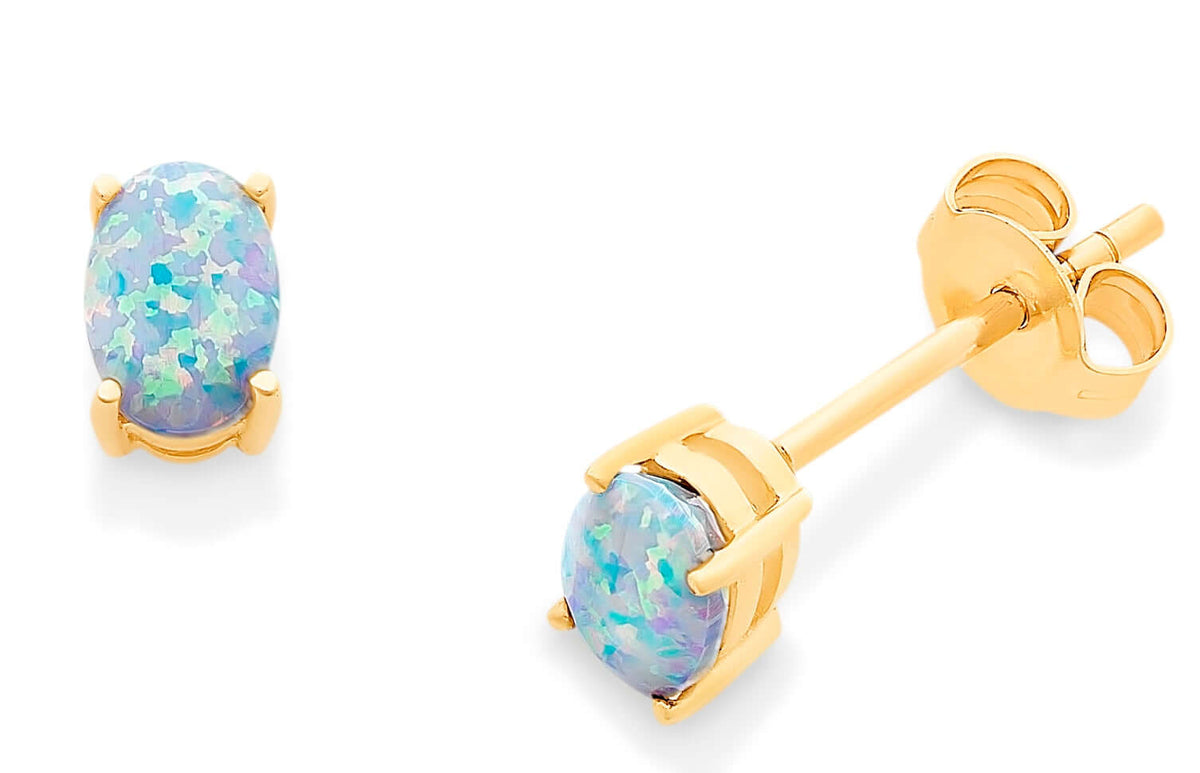 9K Yellow Gold Created Opal Studs