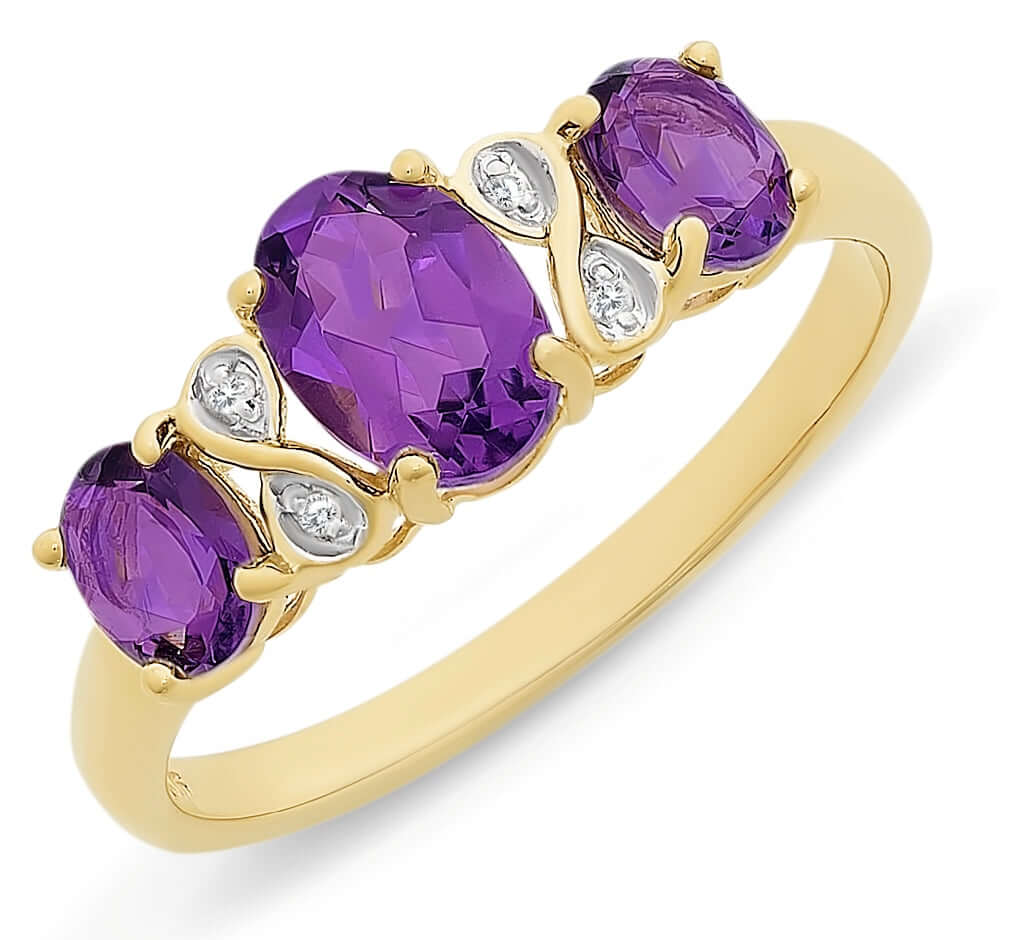 9K Yellow Gold Amethyst Diamond Ring
