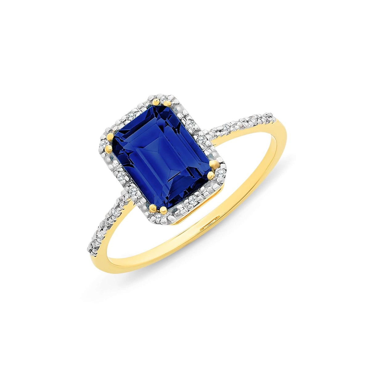 9KY Gold Created Sapphire Emerald Shape Diamond Ring