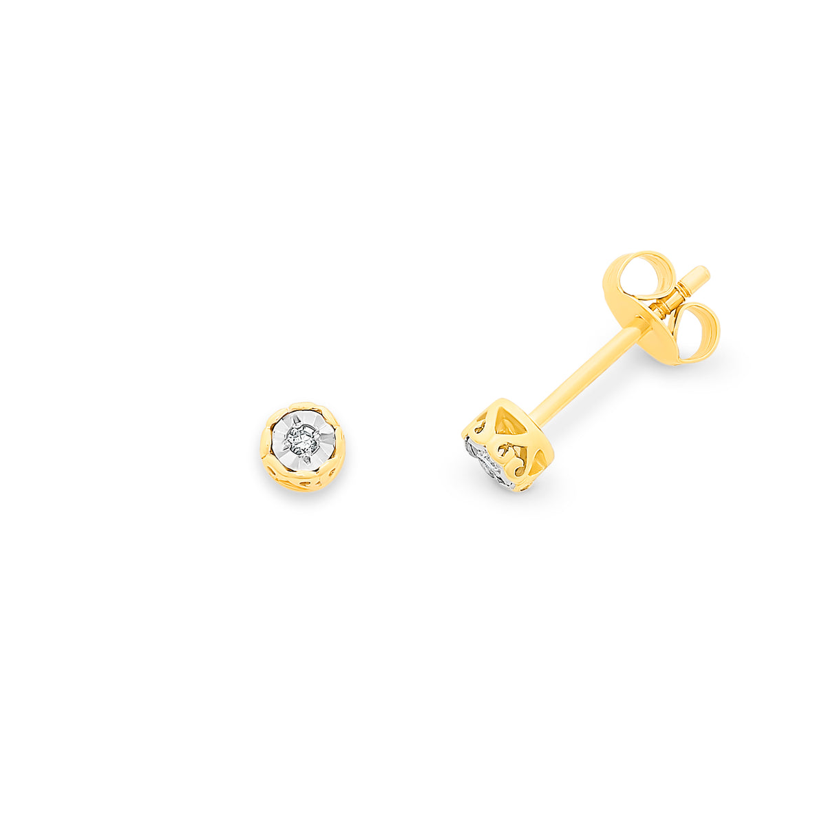 9K Yellow Gold Diamond with Diamond Cut Stud Earrings