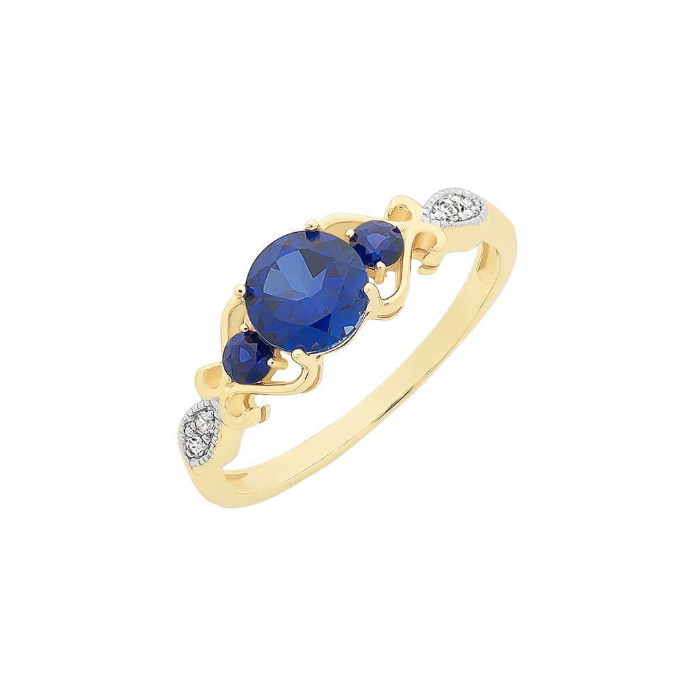 9KY Gold Created Sapphire &amp; Diamond Ring M3038