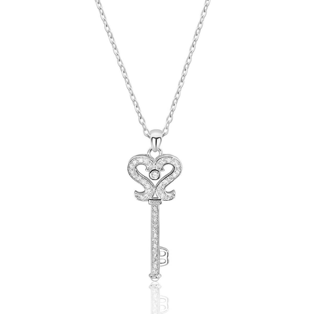 Sterling Silver Cubic Zirconia Silver Key Necklace 16"+2"