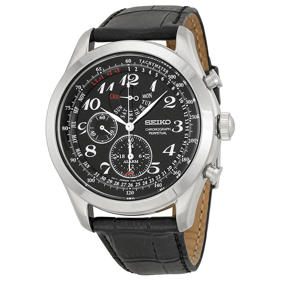 SEIKO Quartz Chronograph Black Leather Watch SPC133P1