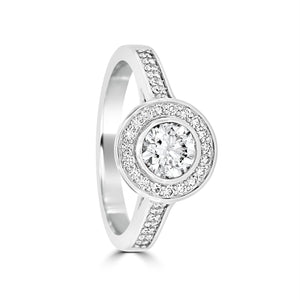18ct White Gold Bezel Set Diamond Ring with Pave Set Surround and Shoulders ST072B-LIVE-O