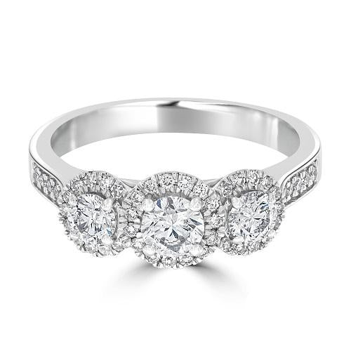18ct White Gold 3 Stone Diamond Ring with Diamond Surrounds and Shoulders