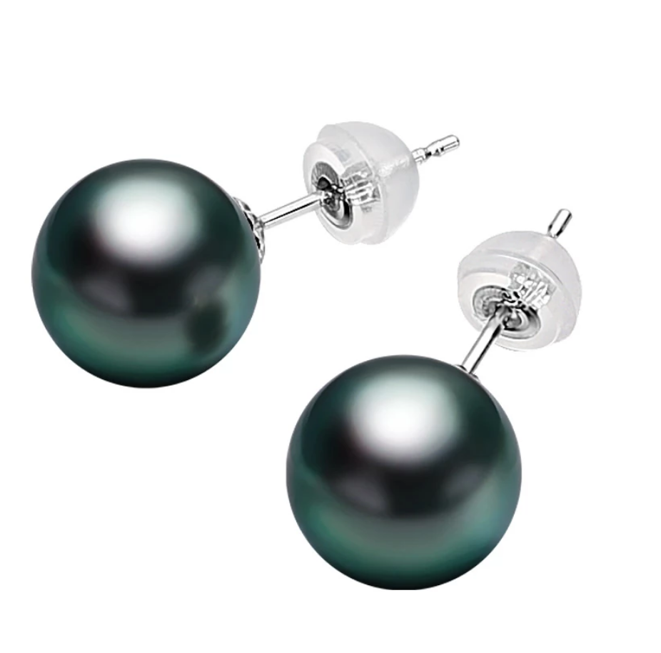 18K White Gold Tahitian Pearl 9mm Studs