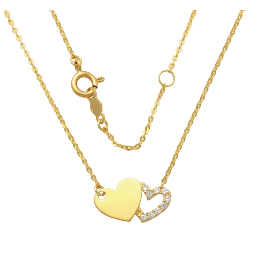 9K Yellow Gold 14mm Double Heart CZ Necklace