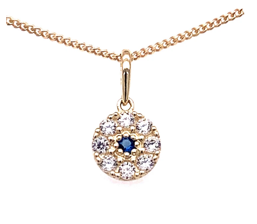 9K Yellow Gold Circle Blue &amp; Clear CZ Pendant