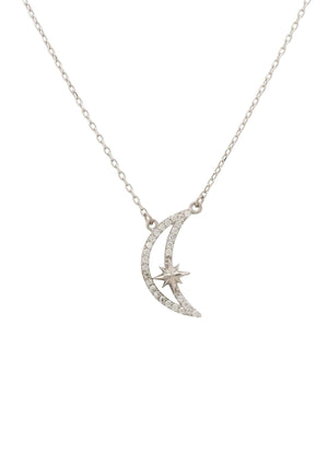 Sparkling Crescent Moon and Star Necklace Silver