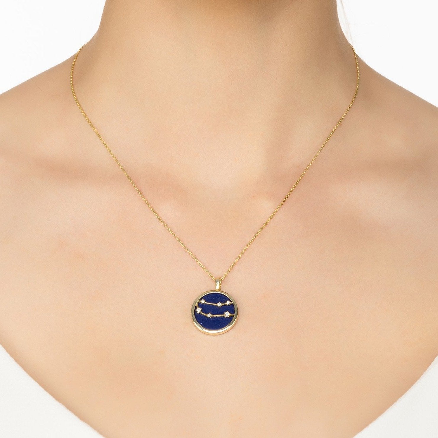 Zodiac Lapis Lazuli Gemstone Star Constellation Pendant Necklace Gold Gemini
