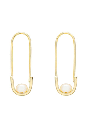 Safety Pin Pearl Earrings Gold