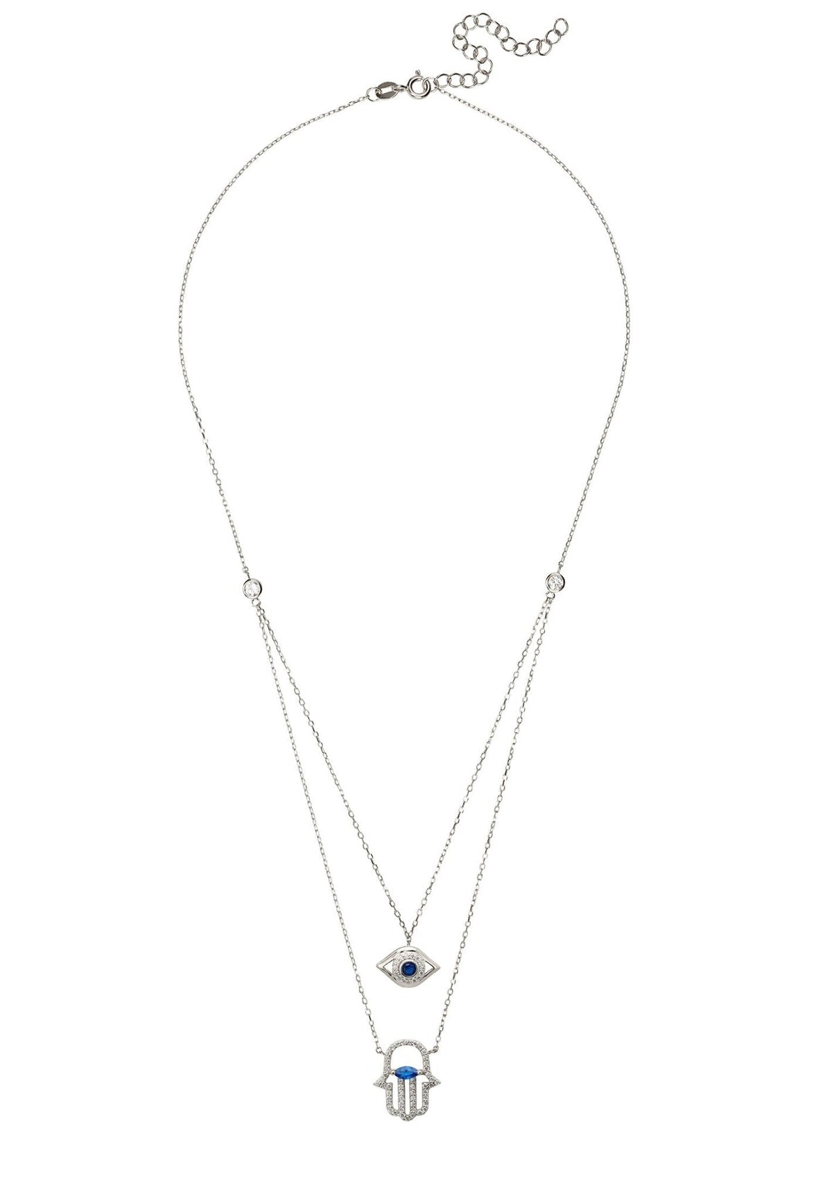 Hamsa Hand and Evil Eye Layered Necklace Silver