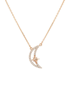 Sparkling Crescent Moon and Star Necklace Rosegold