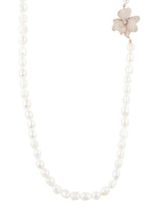 Flower Pearl Gemstone Long Necklace White CZ Rosegold