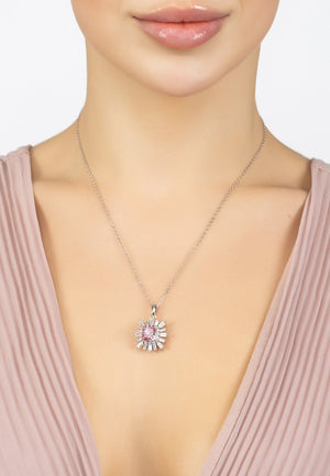 Daisy Flower Pendant Necklace Silver Pink Morganite