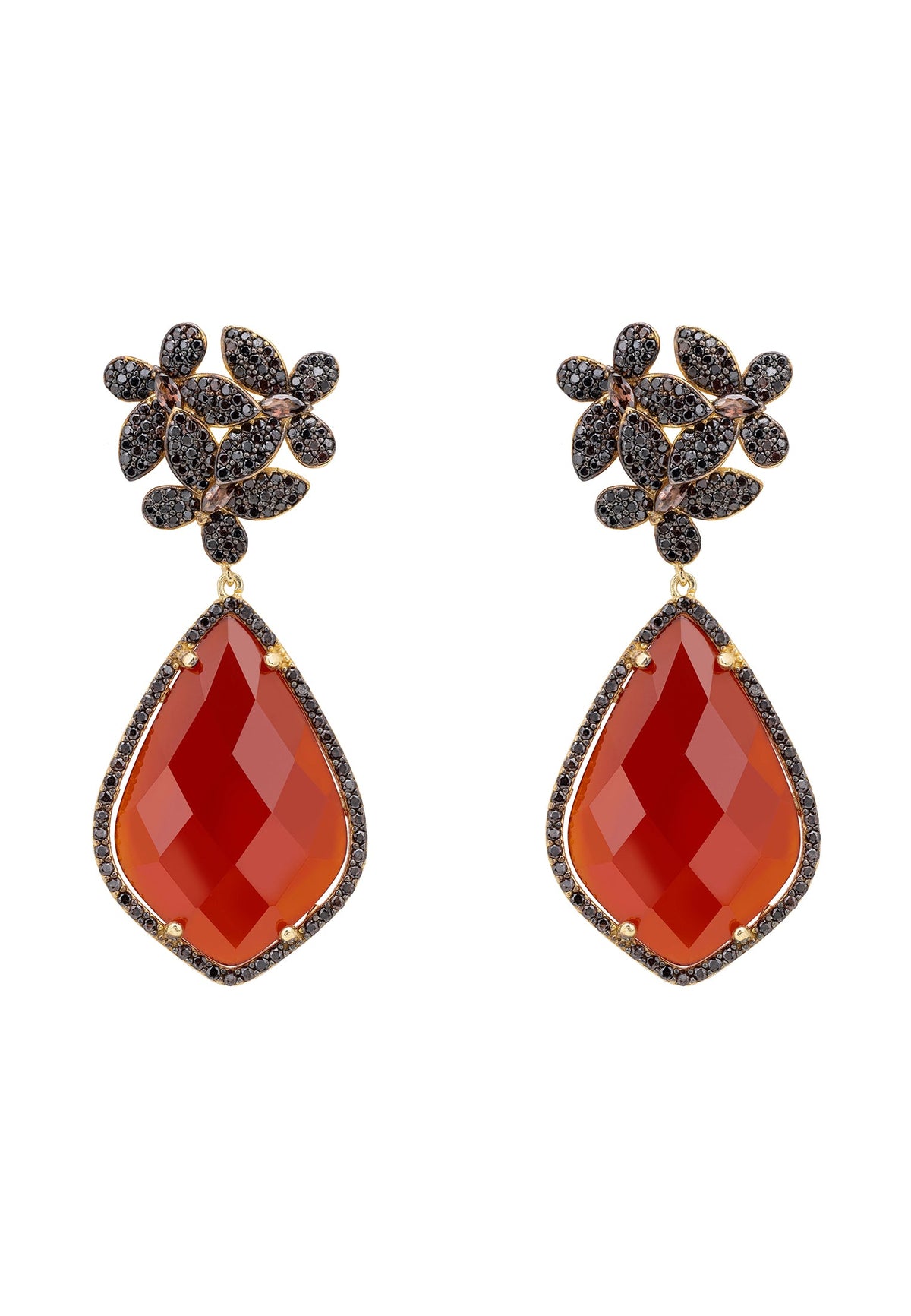 Flowers Teardrop Carnelian Chocolate CZ Earrings Gold