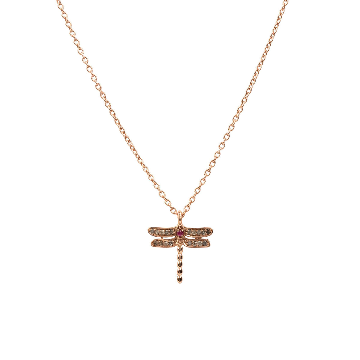 Diamond &amp; Ruby Dragonfly Necklace Rosegold