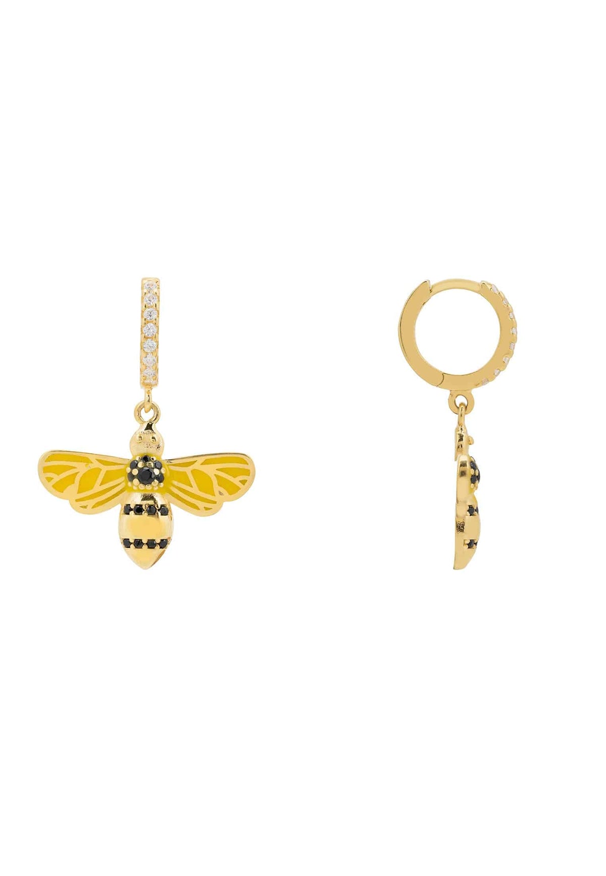 Enamel Bee Drop Hoop Earrings Gold